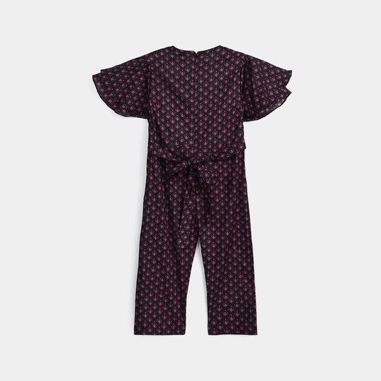 Girls Cotton Poplin Jumpsuit Pink Fauna-Multi