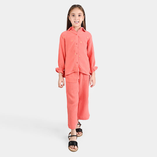 Girls Cotton Poplin Co-Ord Set Greeny Floral-Peach