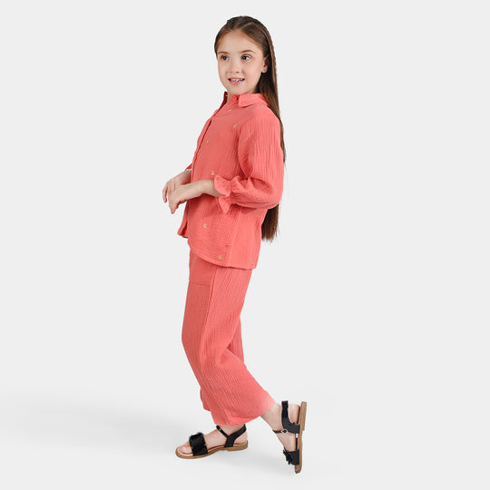 Girls Cotton Poplin Co-Ord Set Greeny Floral-Peach