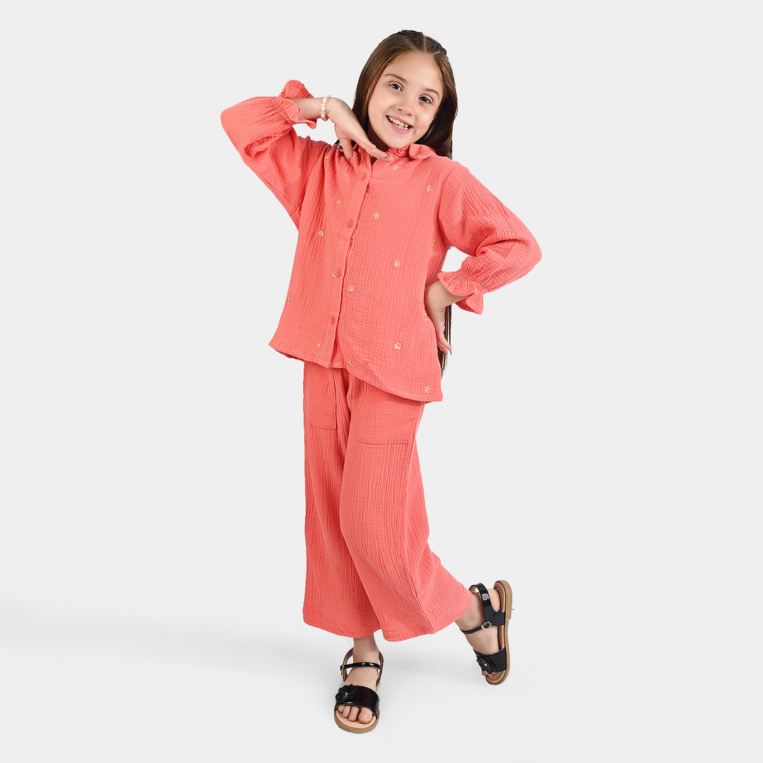 Girls Cotton Poplin Co-Ord Set Greeny Floral-Peach