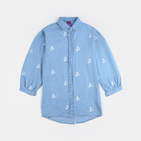 Girls Tensile Denim (Light Denim) Emb Top-Ice Blue