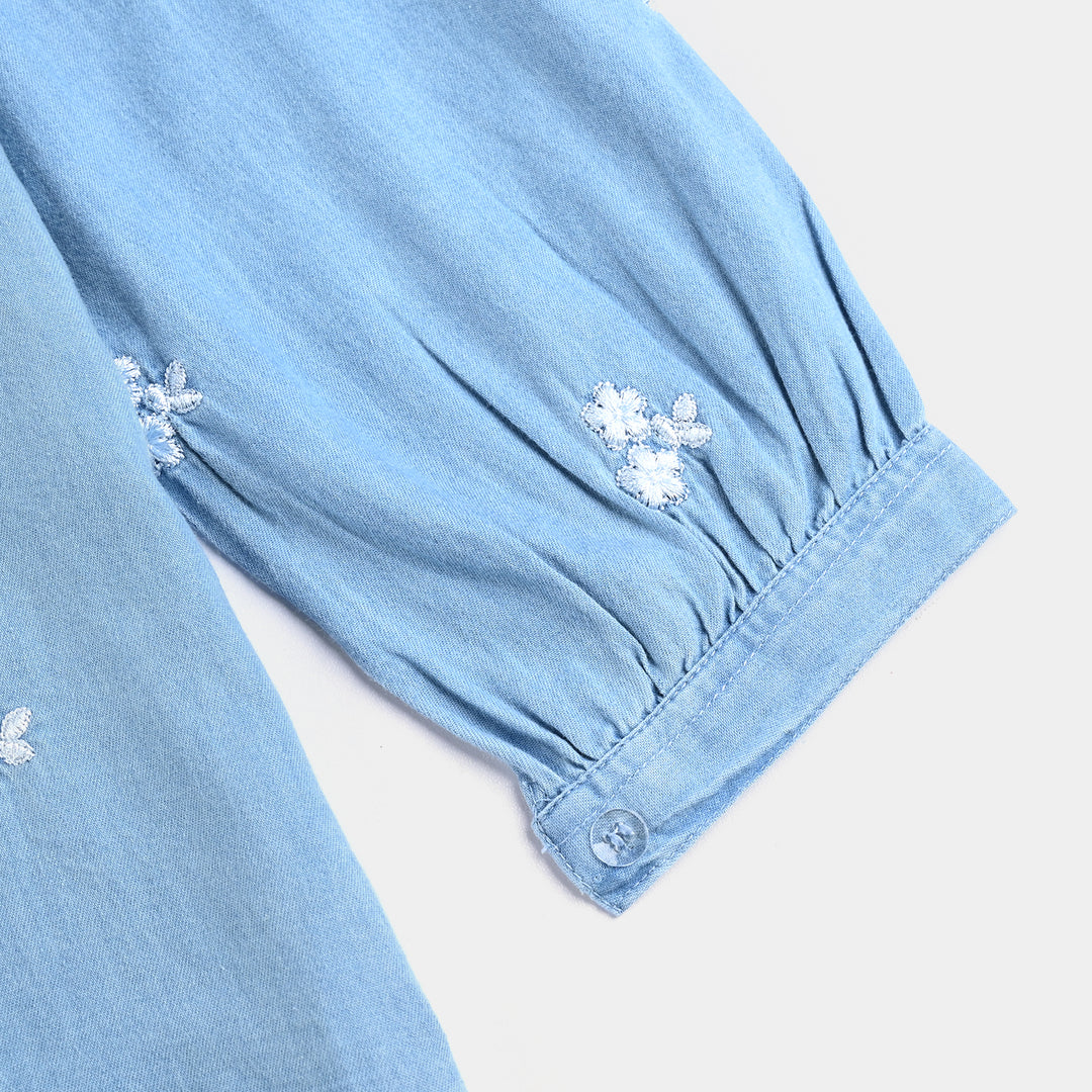 Girls Tensile Denim (Light Denim) Emb Top-Ice Blue