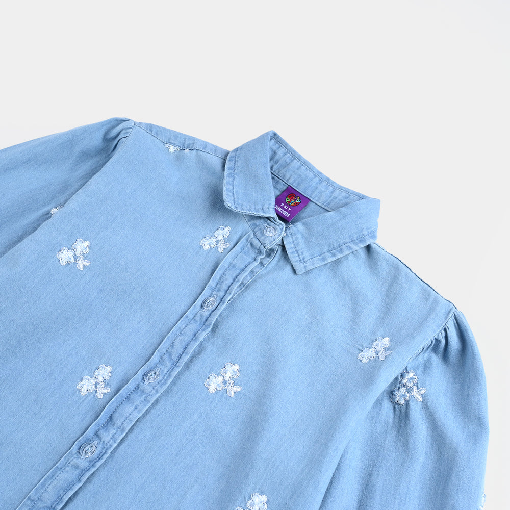 Girls Tensile Denim (Light Denim) Emb Top-Ice Blue