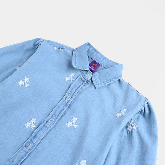 Girls Tensile Denim (Light Denim) Emb Top-Ice Blue