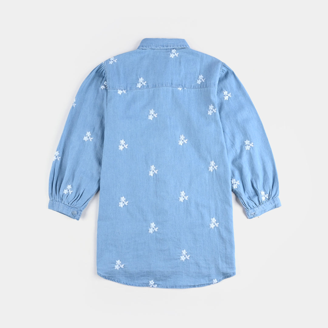 Girls Tensile Denim (Light Denim) Emb Top-Ice Blue