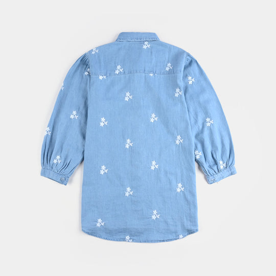 Girls Tensile Denim (Light Denim) Emb Top-Ice Blue