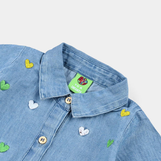 Infant Girls Tencel Denim (Light Denim) Emb Top Hearts-Blue