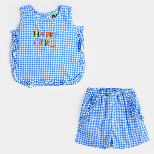 Infant Girls Cotton Poplin Emb Co-ord Set Blue Check-BLUE