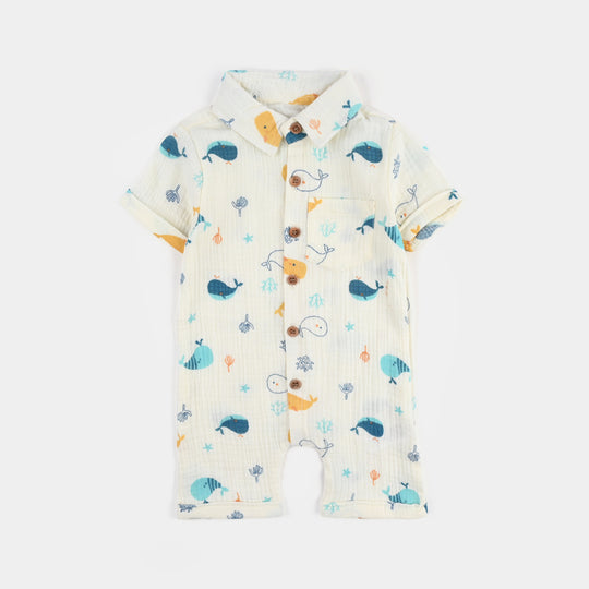Infant Boys Cotton Woven Romper Marine Life-Cream