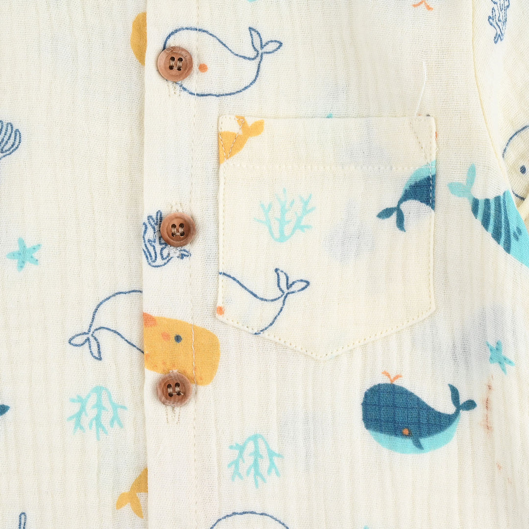 Infant Boys Cotton Woven Romper Marine Life-Cream