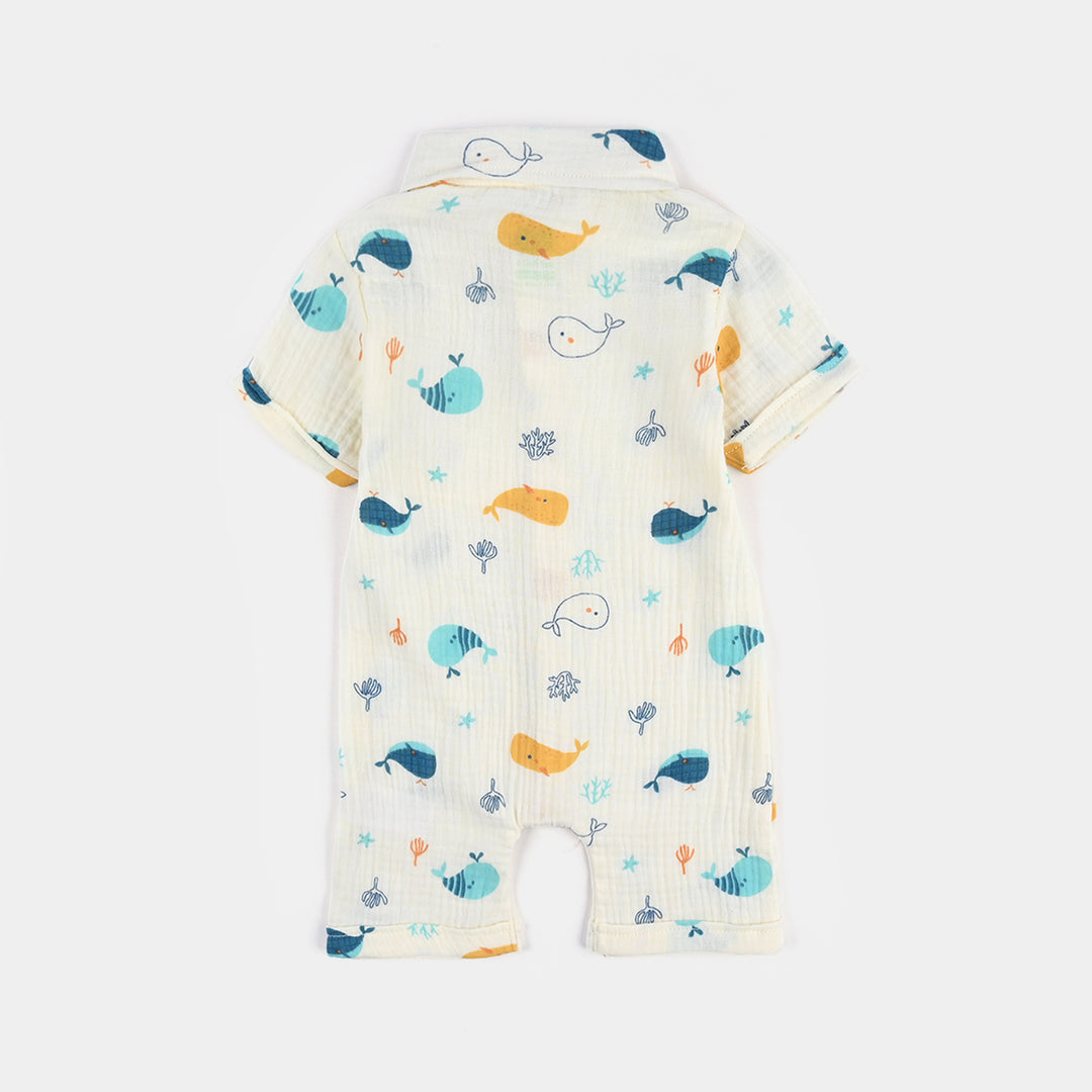 Infant Boys Cotton Woven Romper Marine Life-Cream