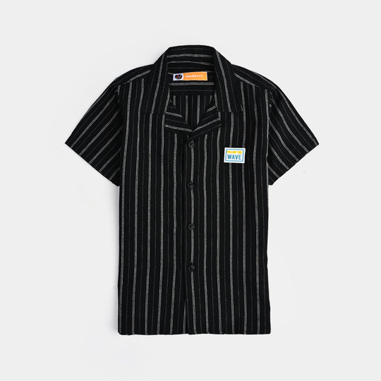 Boys Yarn Dyed Casual Shirt Follow The Waves-BLACK