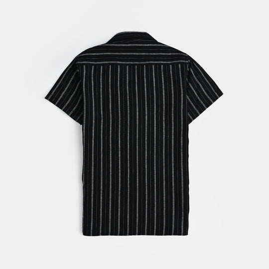 Boys Yarn Dyed Casual Shirt Follow The Waves-BLACK