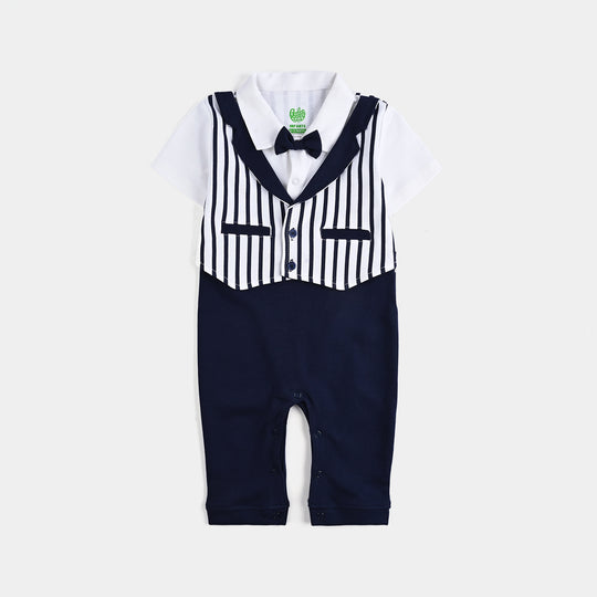 Infant Boys Cotton Interlock Romper (Grey Coat Style) - Navy/White