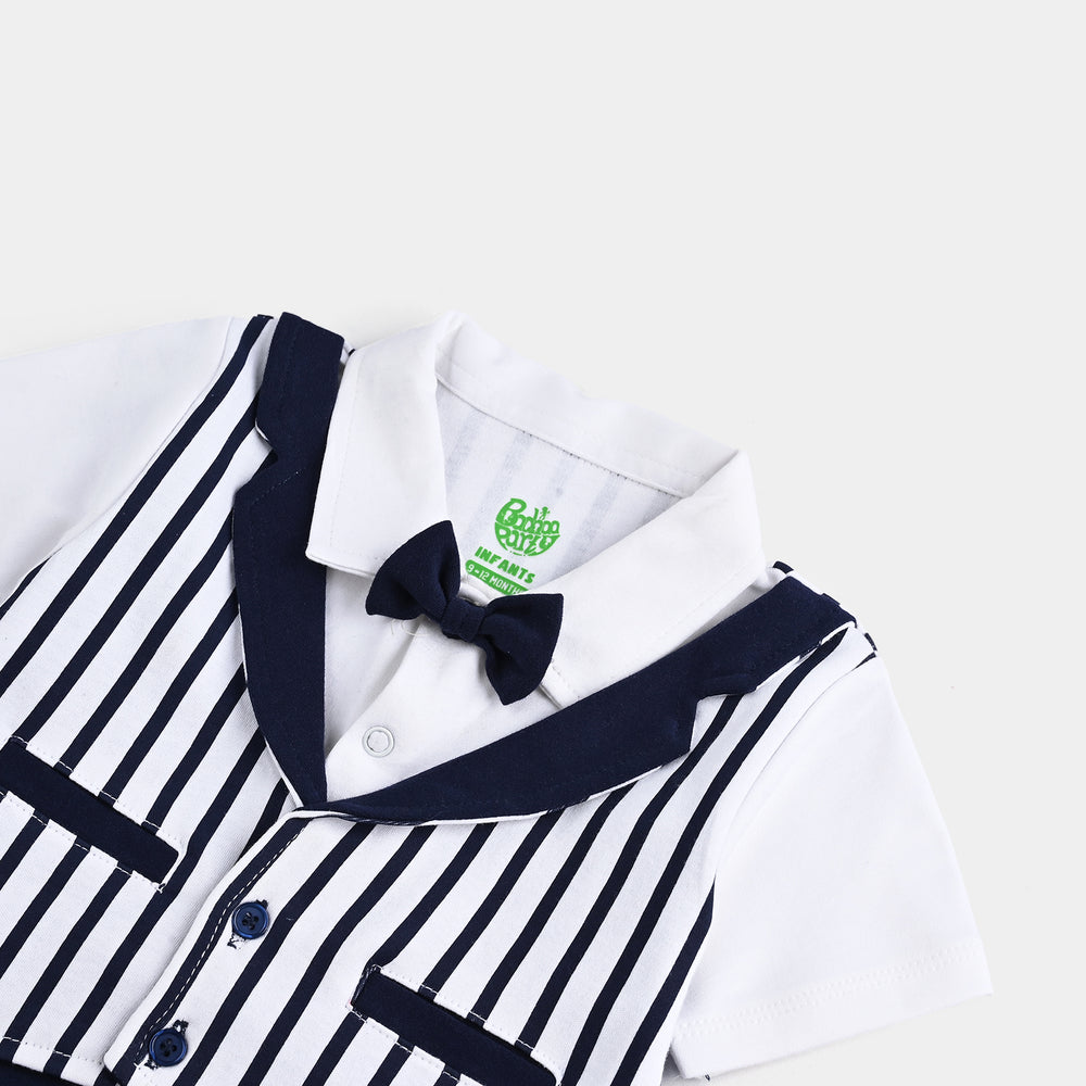 Infant Boys Cotton Interlock Romper (Grey Coat Style) - Navy/White