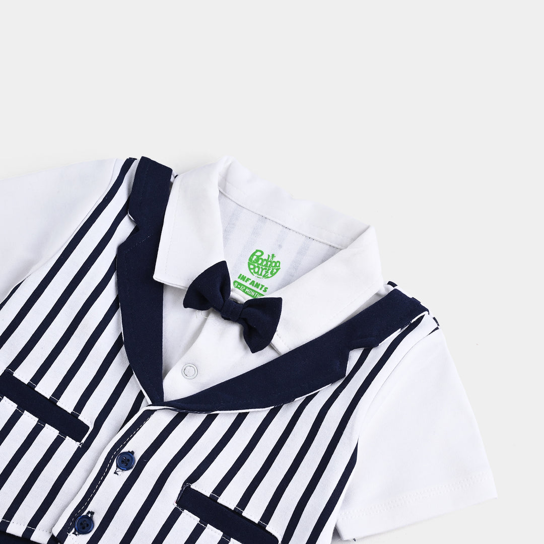 Infant Boys Cotton Interlock Romper (Grey Coat Style) - Navy/White
