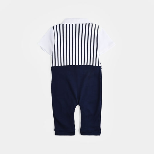 Infant Boys Cotton Interlock Romper (Grey Coat Style) - Navy/White