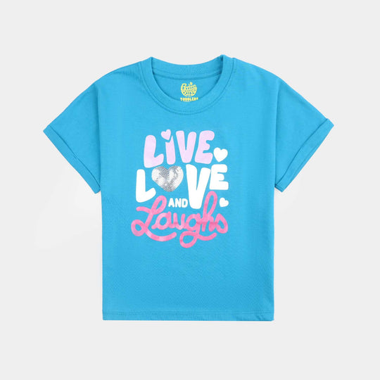 Girls Cotton Jersey T-Shirt LIVE, LOVE & LAUGH-Fjord.Blue
