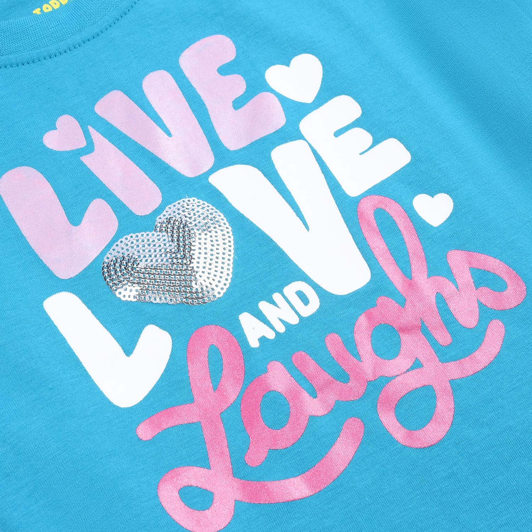 Girls Cotton Jersey T-Shirt LIVE, LOVE & LAUGH-Fjord.Blue