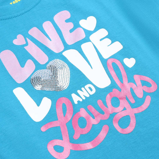 Girls Cotton Jersey T-Shirt LIVE, LOVE & LAUGH-Fjord.Blue