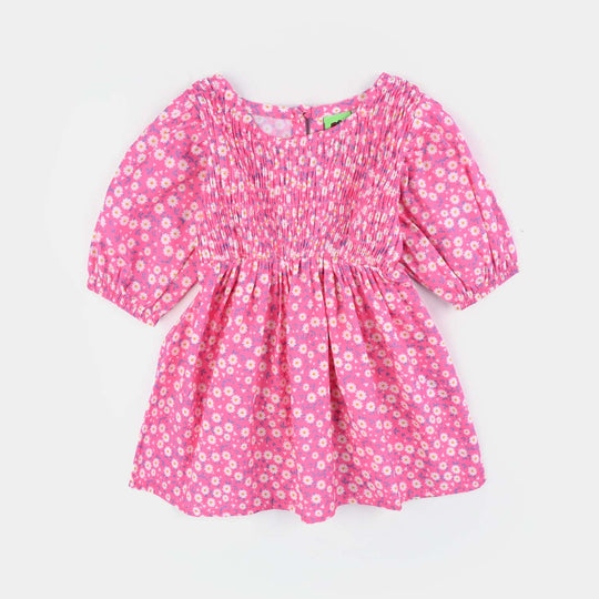 Infant Girls Raw Silk Casual Frock-Pink