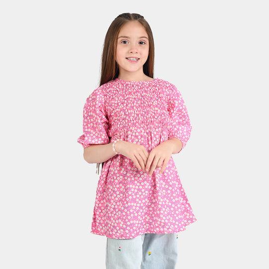 Girls Raw Silk Casual Frock-Pink