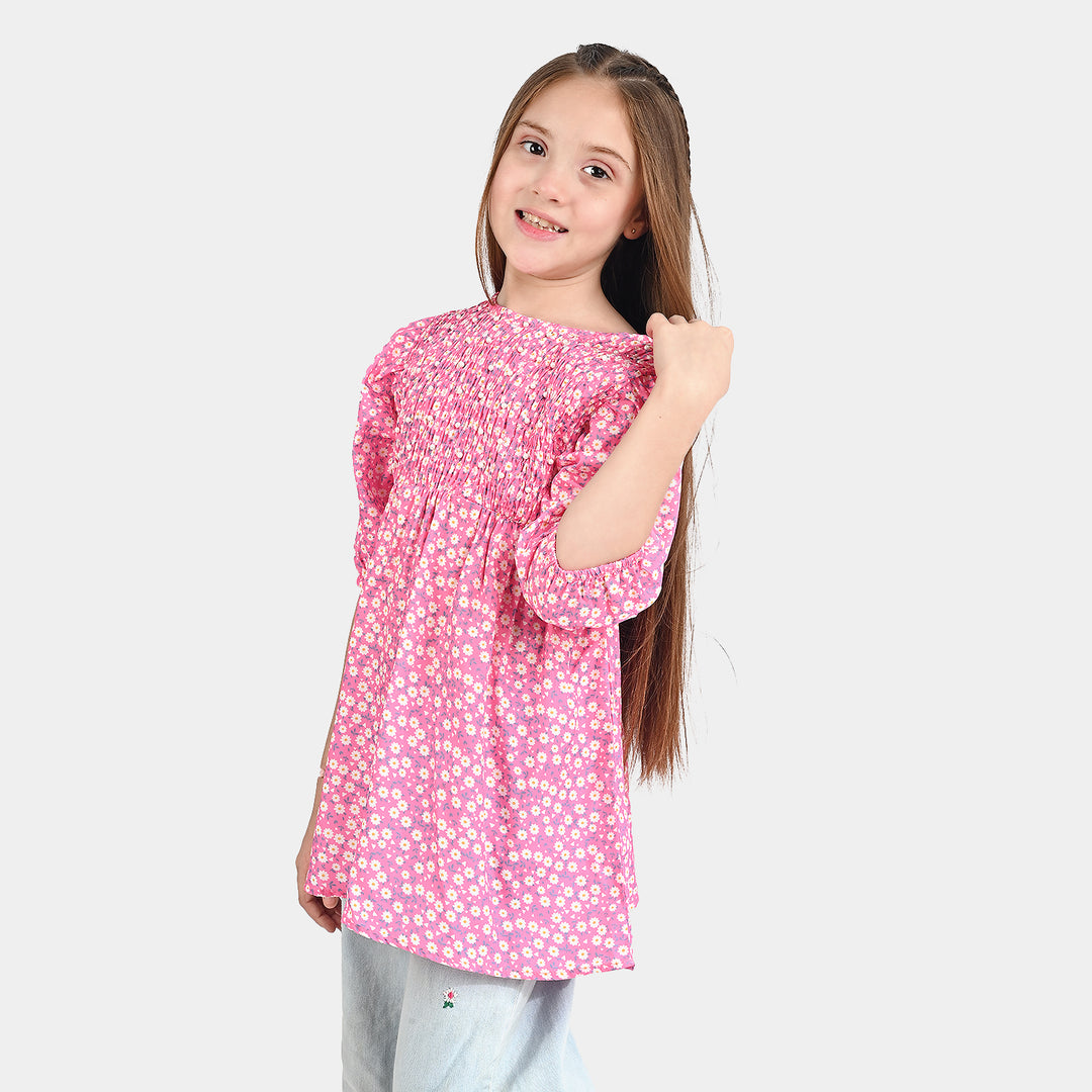 Girls Raw Silk Casual Frock-Pink