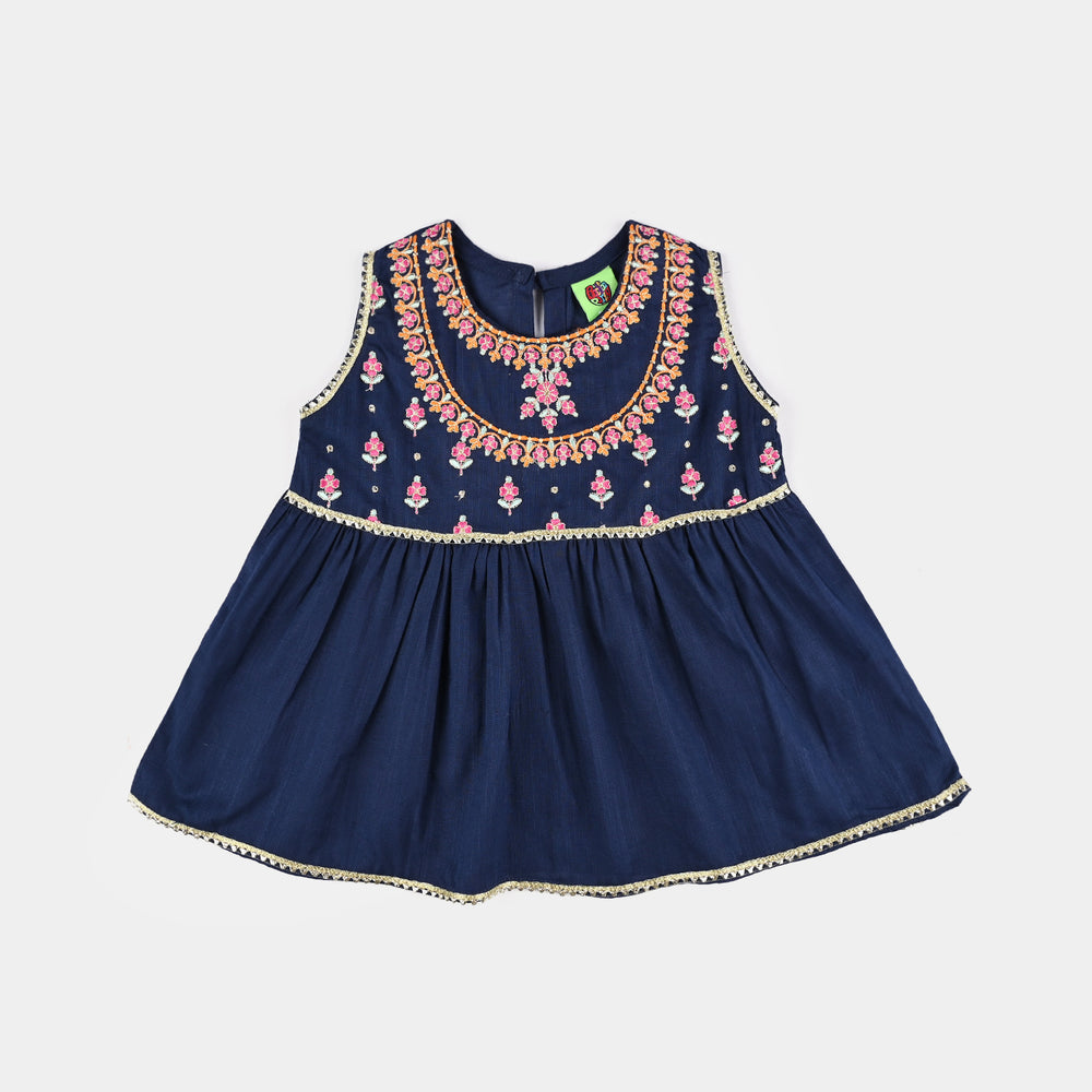 Infant Girls Cotton Slub Emb 2Pcs Raqs - Navy Blue