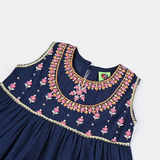 Infant Girls Cotton Slub Emb 2Pcs Raqs - Navy Blue