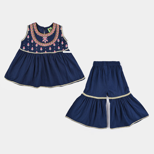 Infant Girls Cotton Slub Emb 2Pcs Raqs - Navy Blue