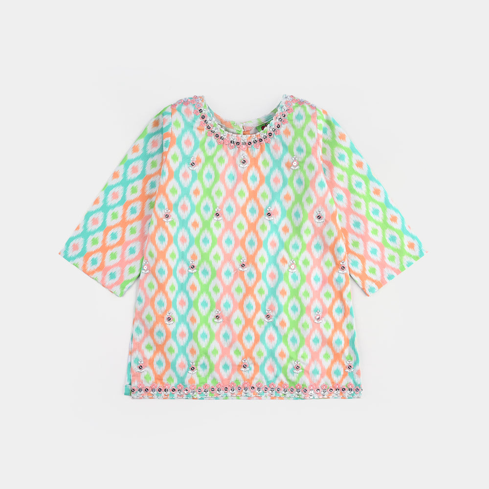 Infant Girls Cotton Poplin Printed & Emb 2 Pcs Pink Zari-Multi