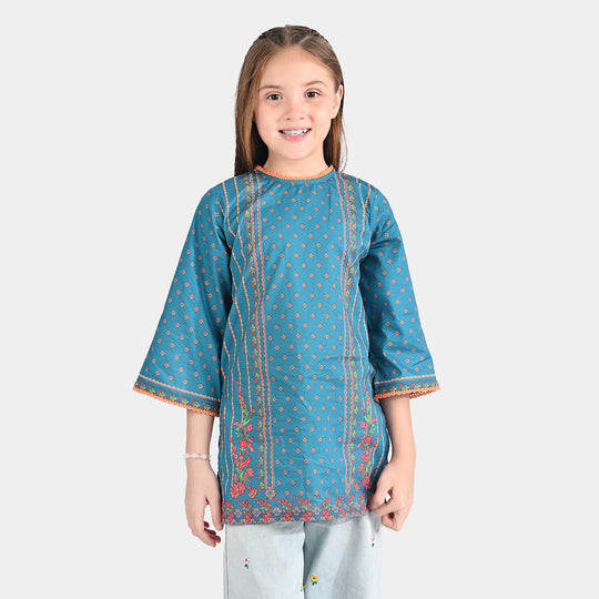 Girls Cotton Poplin Printed Kurti Teal Floral-Blue