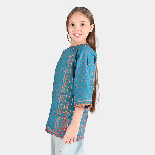 Girls Cotton Poplin Printed Kurti Teal Floral-Blue