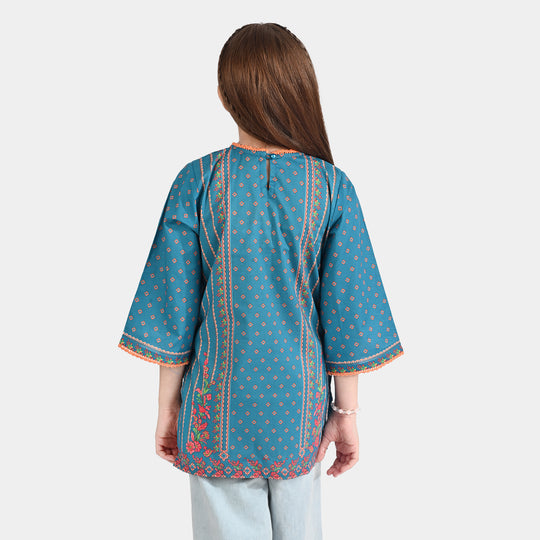 Girls Cotton Poplin Printed Kurti Teal Floral-Blue