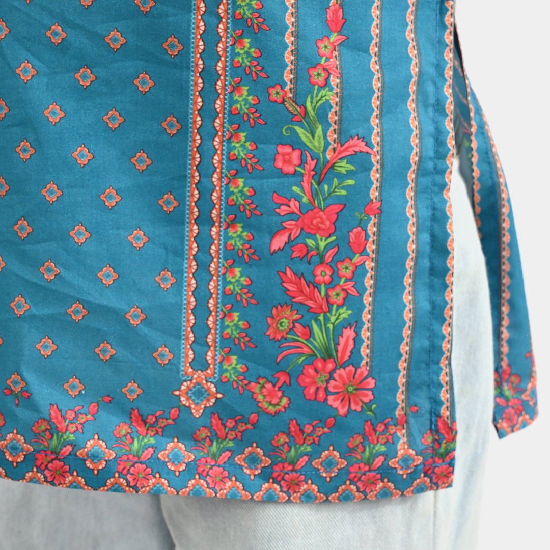 Girls Cotton Poplin Printed Kurti Teal Floral-Blue