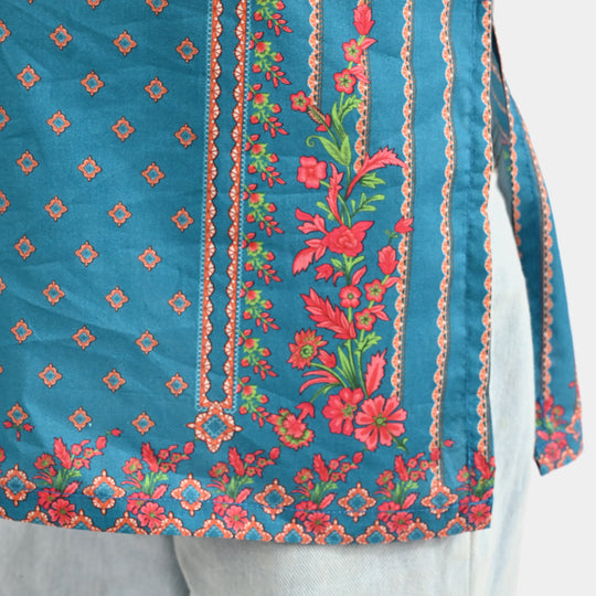 Girls Cotton Poplin Printed Kurti Teal Floral-Blue