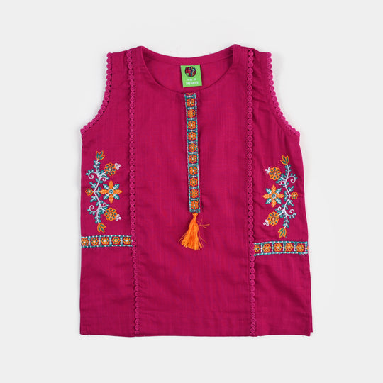Infant Girls Cotton Slub Emb Kurti-Bright Pink