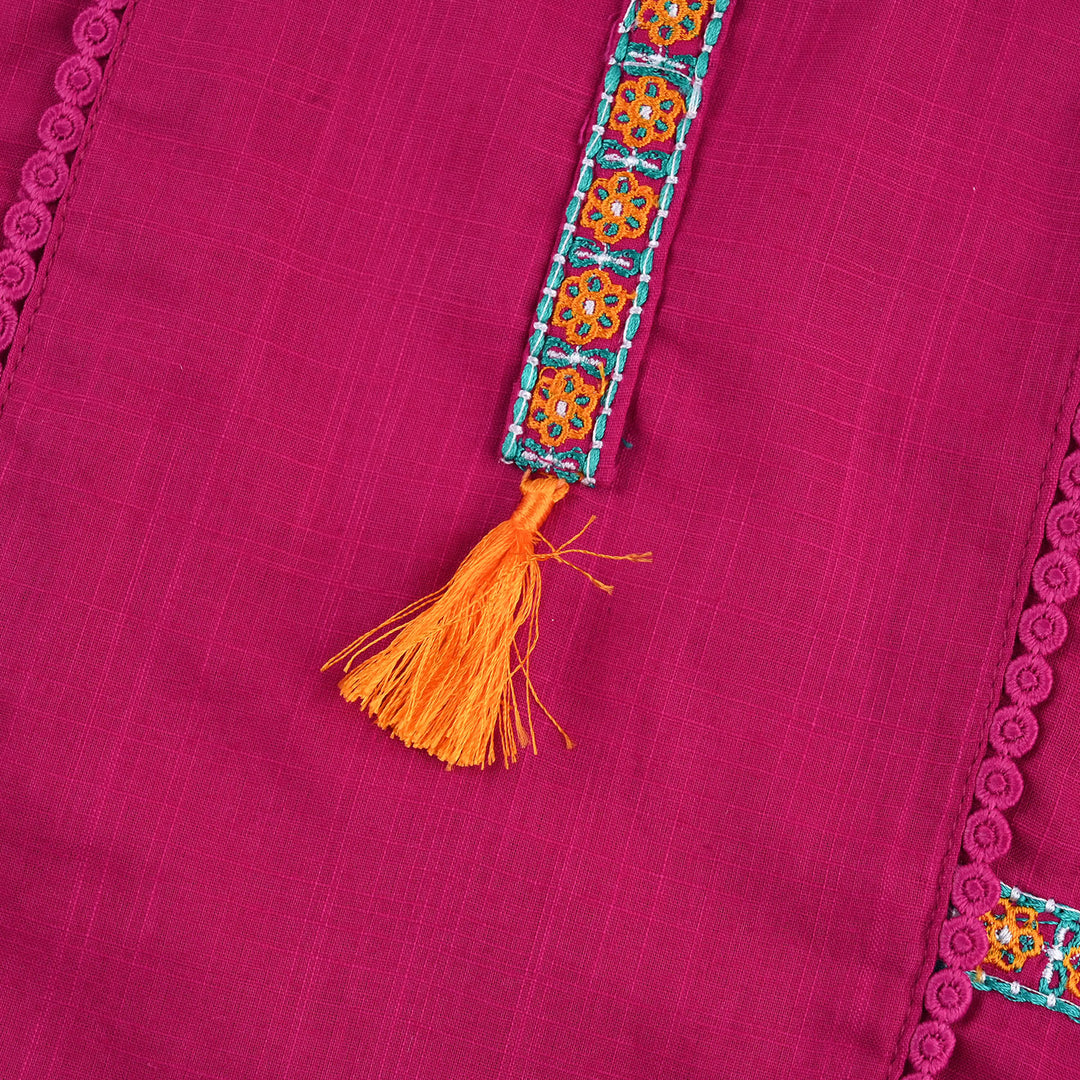Infant Girls Cotton Slub Emb Kurti-Bright Pink
