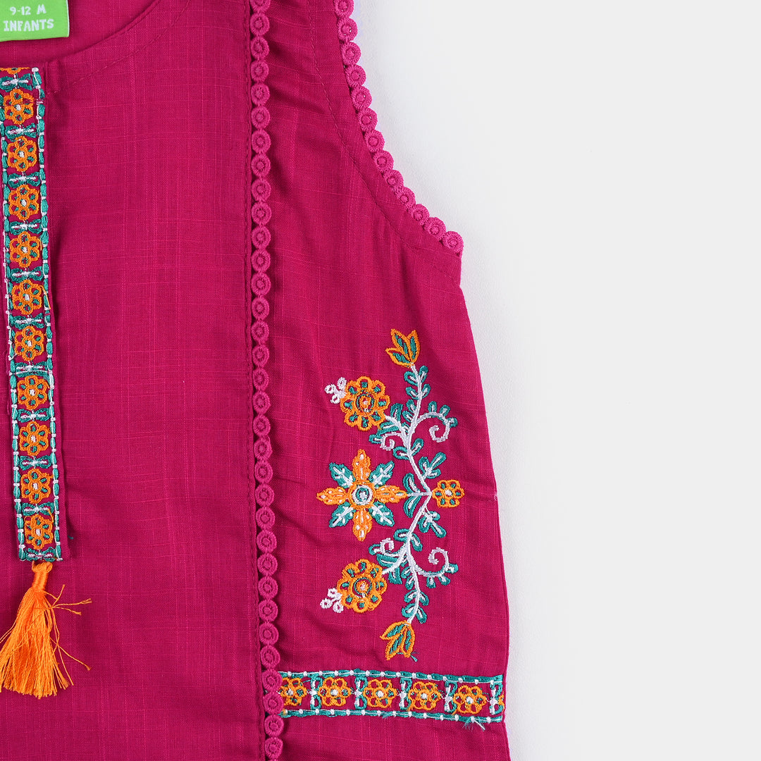 Infant Girls Cotton Slub Emb Kurti-Bright Pink