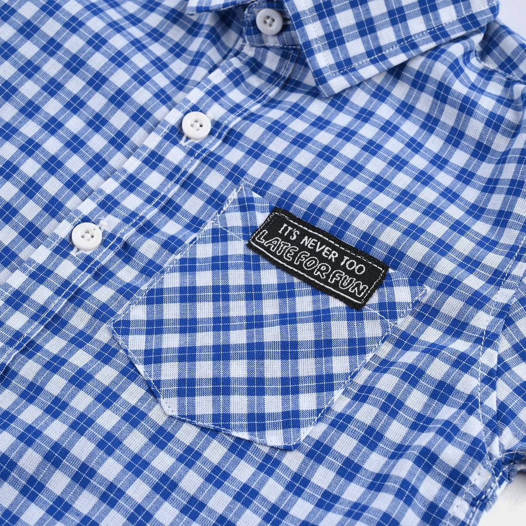 Boys Yarn Dyed Casual Shirt F/S (Late For Run)-Blue Check