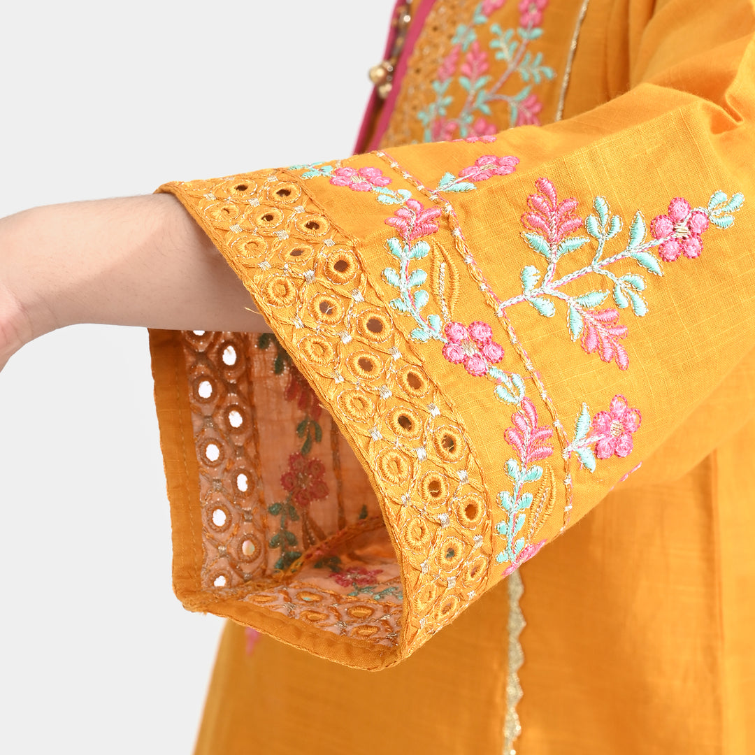 Girls Cotton Slub Emb 2Pcs Sher Bano-Mustard