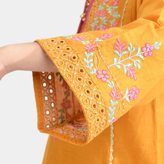Girls Cotton Slub Emb 2Pcs Sher Bano-Mustard