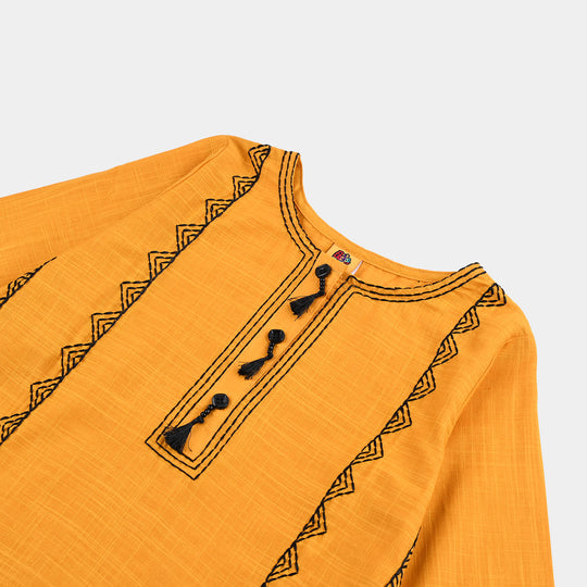 Girls Cotton Slub Emb Kurti-Mustard