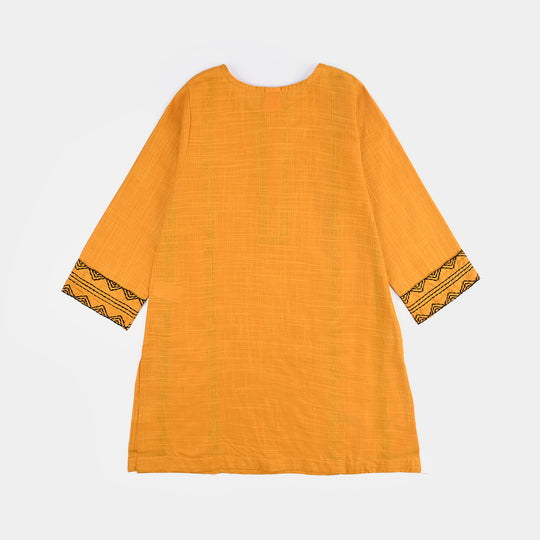 Girls Cotton Slub Emb Kurti-Mustard
