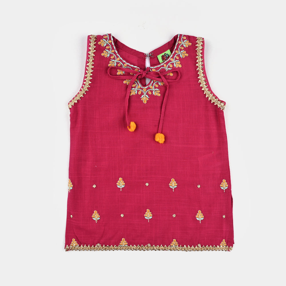 Infant Girls Cotton Slub Emb 2Pcs Magenta-Bright Pink