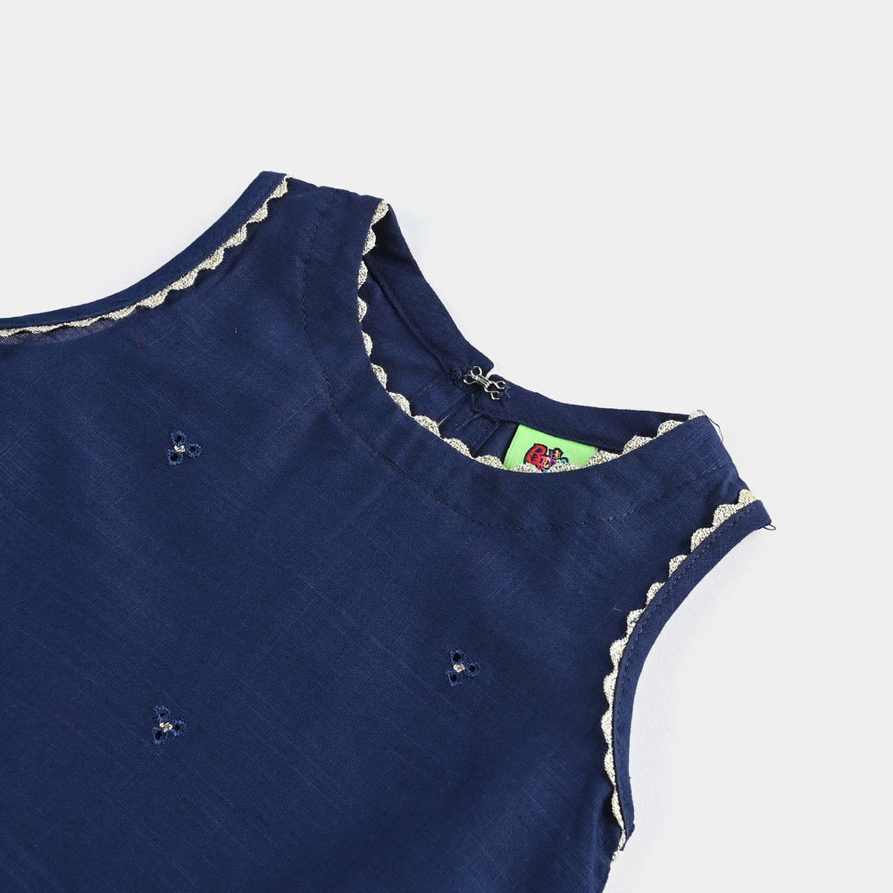 Infant Girls Cotton Slub Emb Kurti-Navy Blue