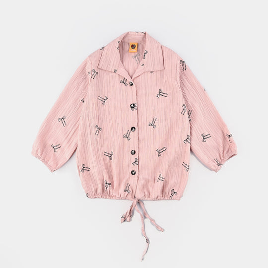Girls Poly Cotton Emb Top Bow-Pink