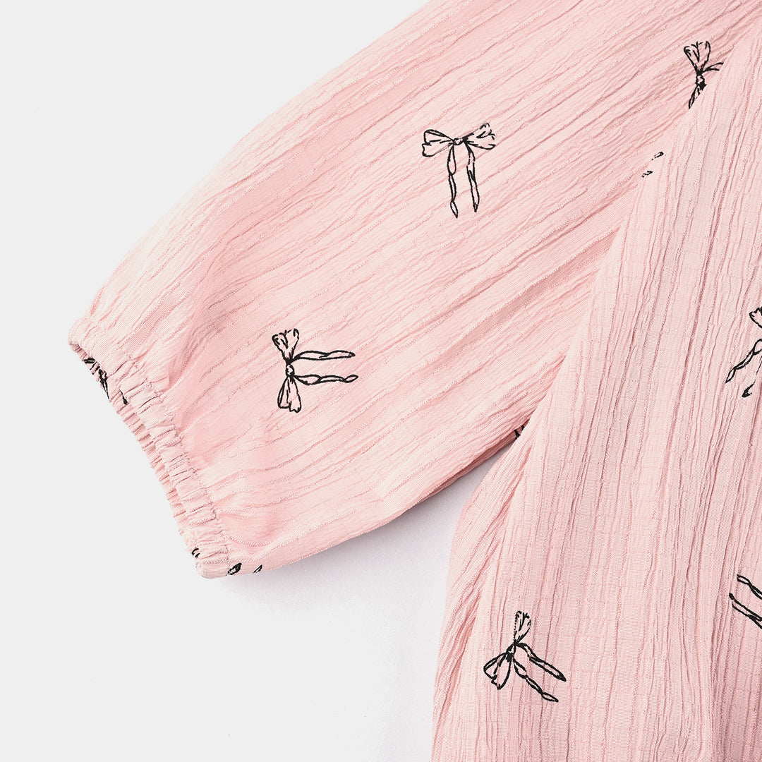 Girls Poly Cotton Emb Top Bow-Pink