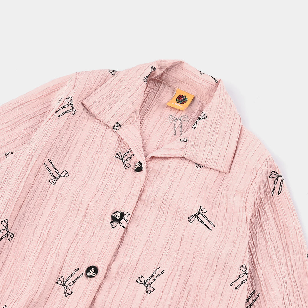 Girls Poly Cotton Emb Top Bow-Pink