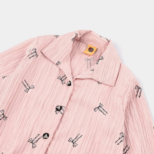 Girls Poly Cotton Emb Top Bow-Pink